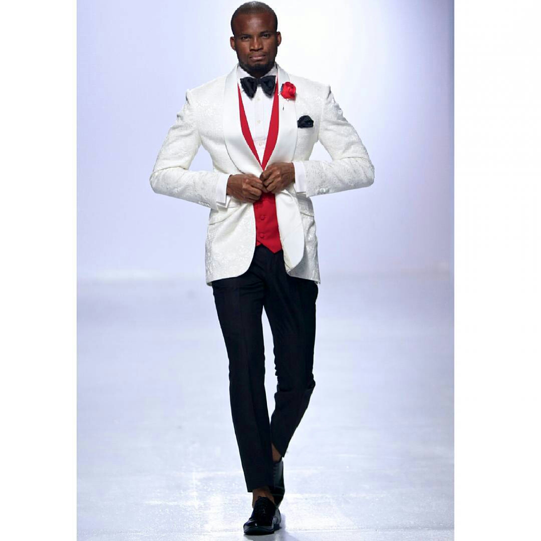white blazer and red coat for grooms