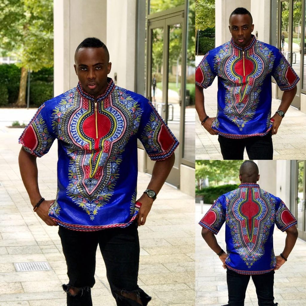 mens dashiki top with black trousers