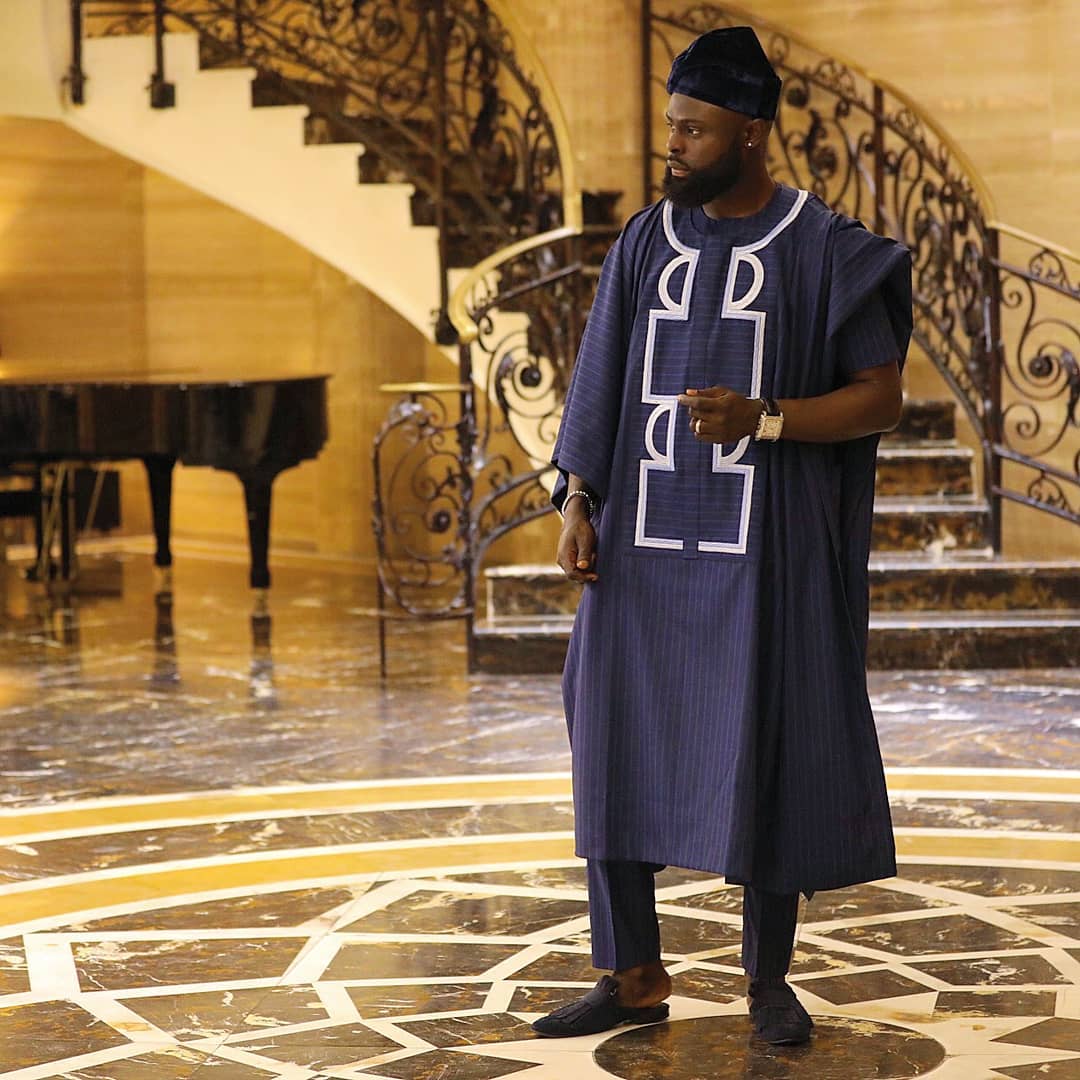 yomi casual in navy blue agbada and creative white embroidery